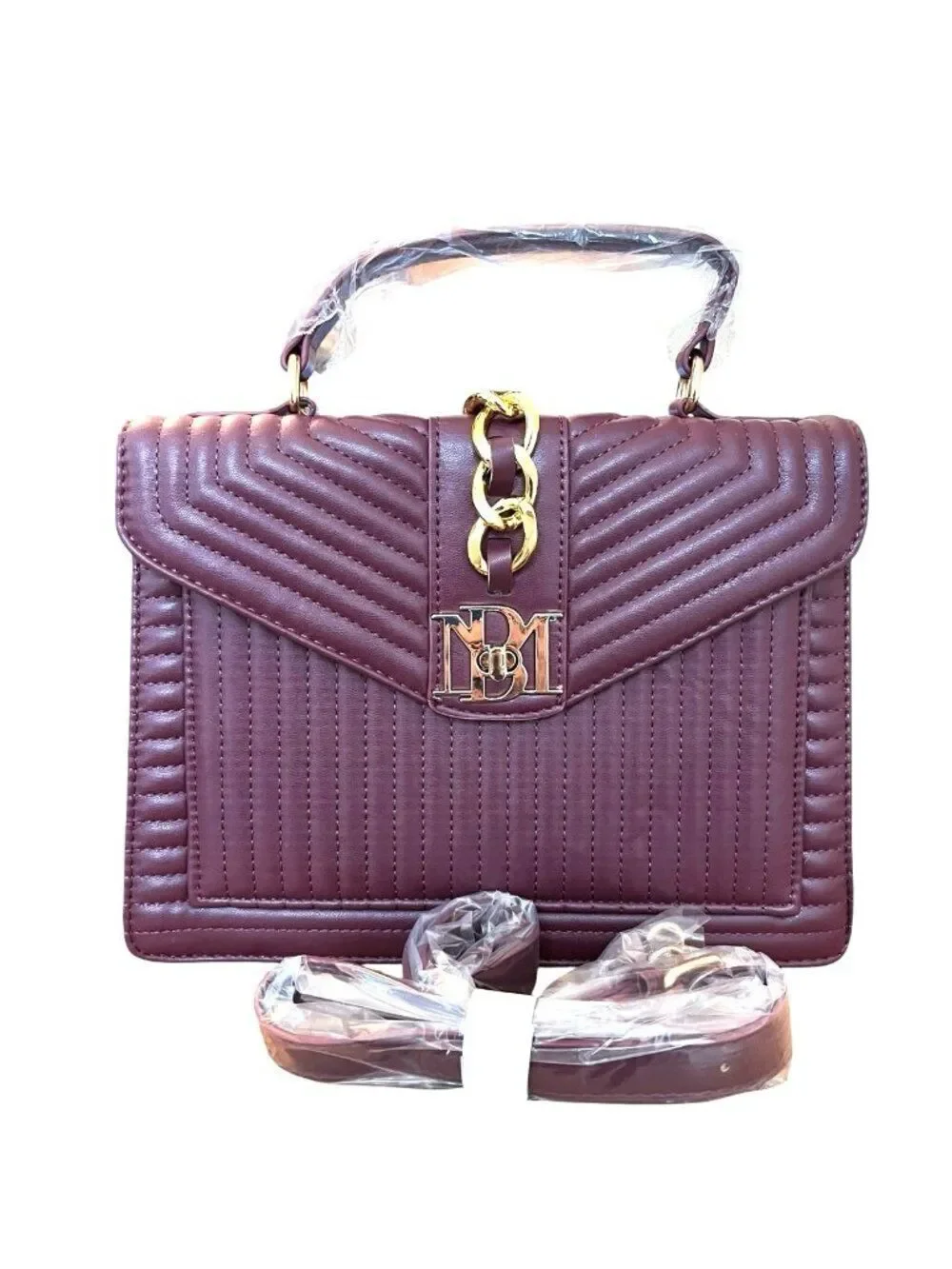 Badgley Mischka Quilted Crossbody Satchel Chain Letter Lock Maroon Eggplant NWT
